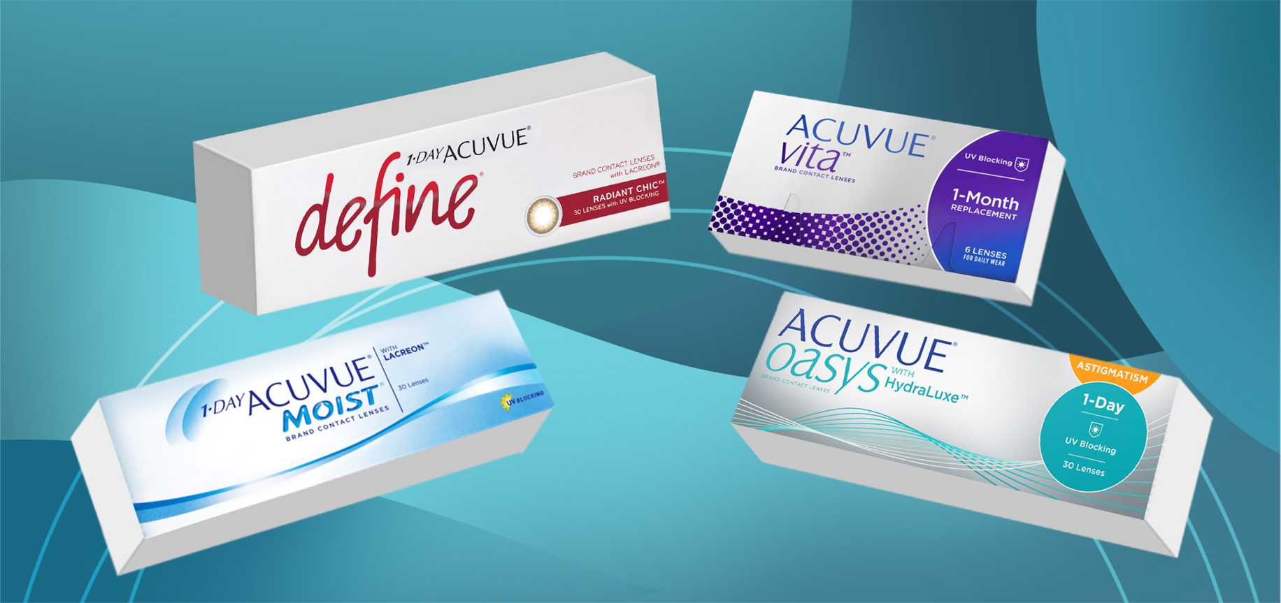 ACUVUE® Contact Lens Product Banner: ACUVUE® DEFINE®, ACUVUE® VITA™, ACUVUE® MOIST®, ACUVUE® OASYS with HYDRALUXE™