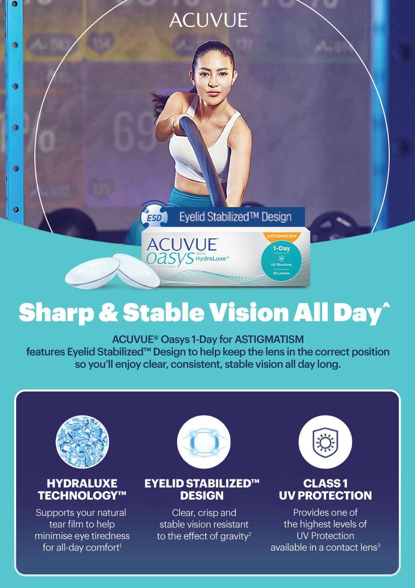 ACUVUE® OASYS 1-DAY with HydraLuxe™ is designed for clear vision, UV protection and to help prevent dry eyes - infrographic
